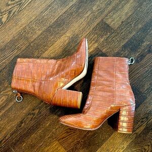 Brown Croc-Embossed Ankle Boots